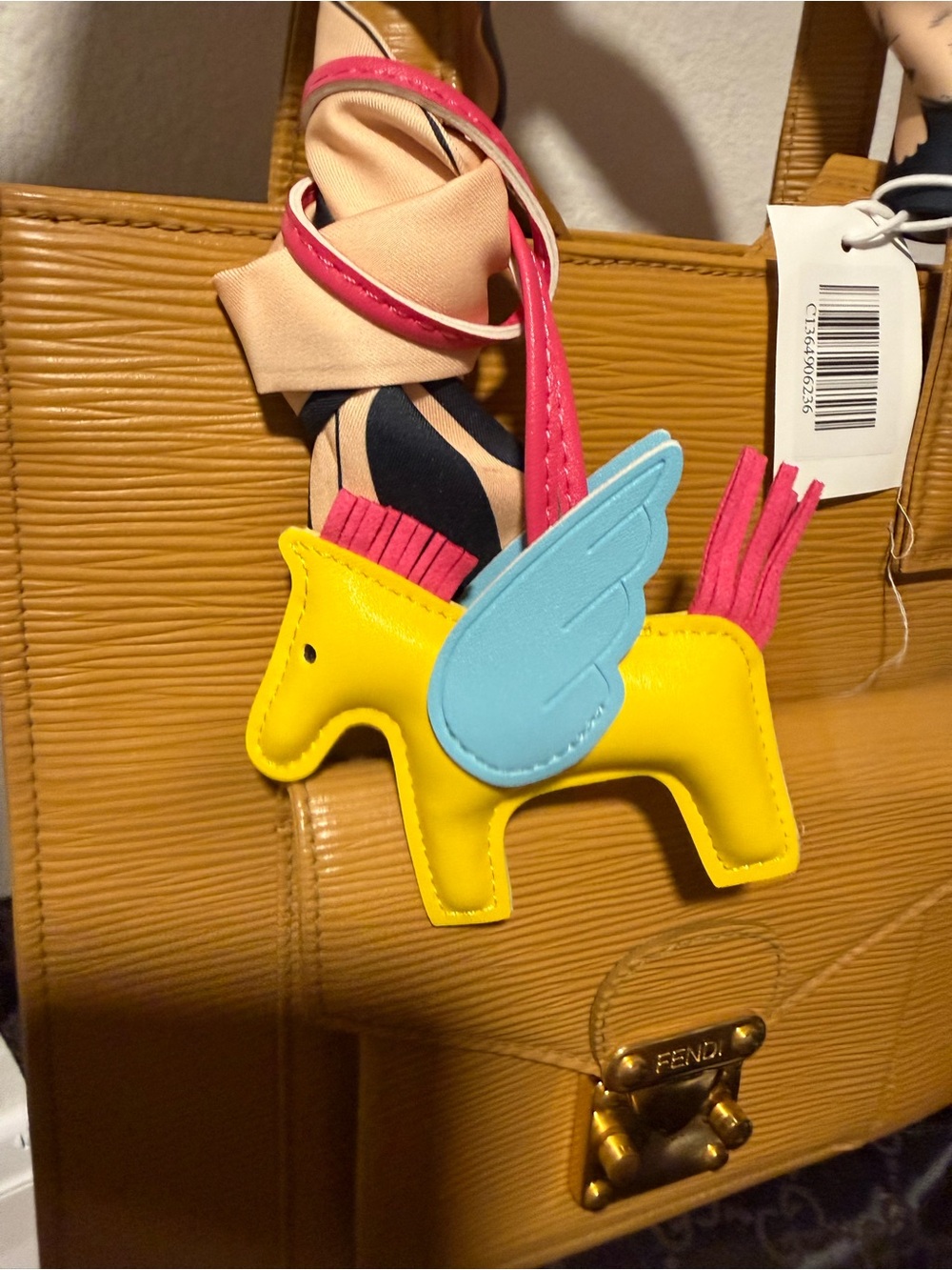 Yellow Leather Pony Bag Charm with Blue Wing - Picture 3 of 4